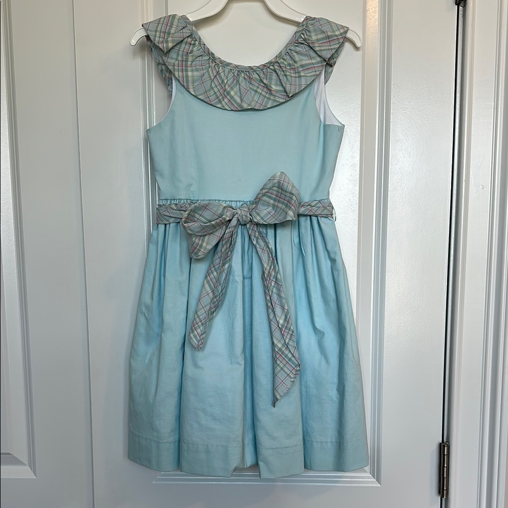 Bailey Boys Classic Light Blue Girls' Dress with Plaid Ruffle Collar and Bow